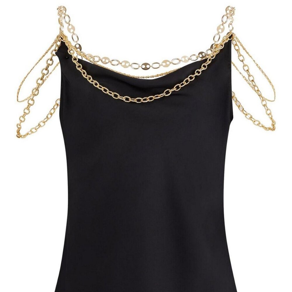 Paco Rabanne Satin Lace Scoop Neck Top with Gold Signature "Eight" Chains Straps